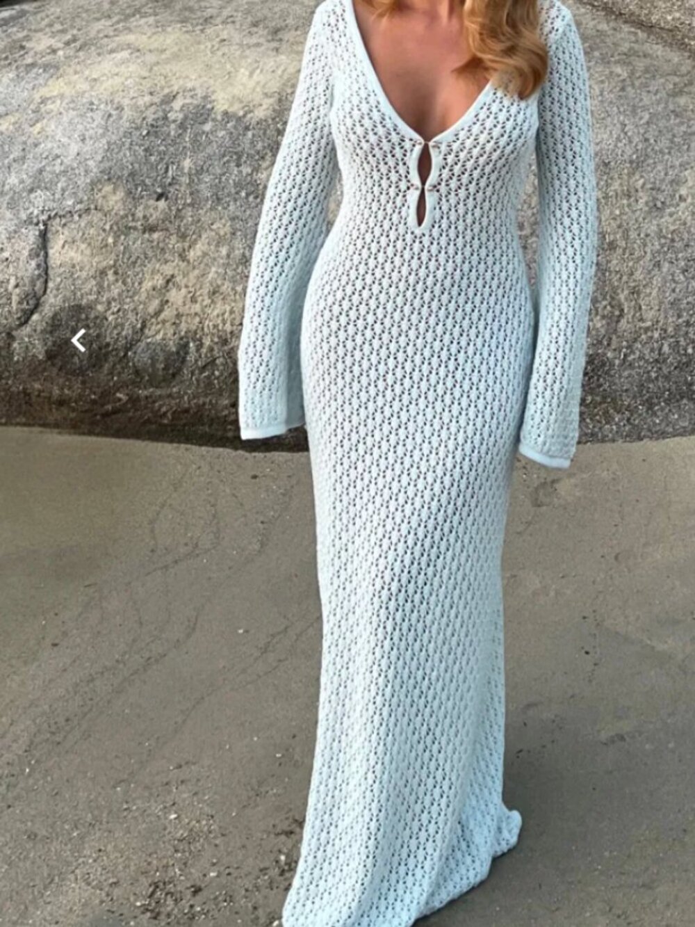 MESHKI Kayleigh Crochet Fishtail Flare Sleeve Maxi Dress